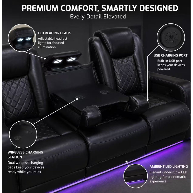 Ivy Bronx Black Breathing Leather Electric Sectional Recliner Sofa